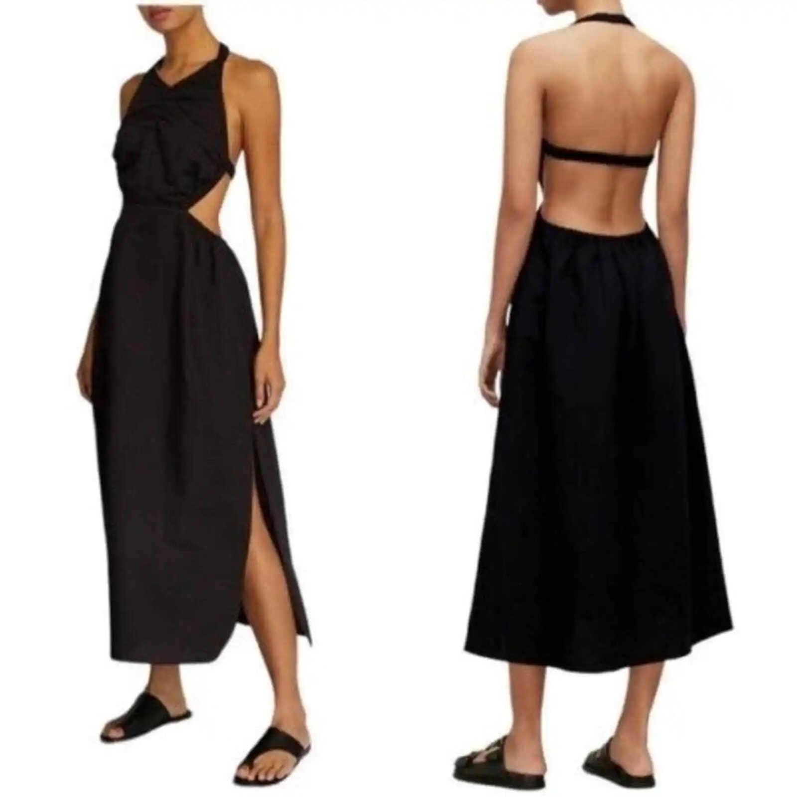All Saints Ludo Linen Cotton Cut Out Open Back Halter Dress Black Size 8 Nwt